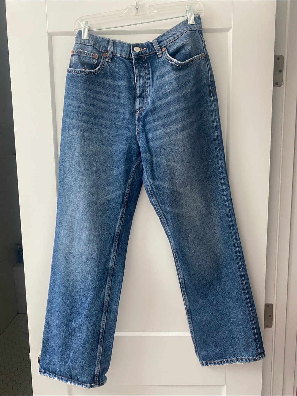 Zara High-Waisted Straight-Leg Button Fly Jeans — Faded Blue Wash
